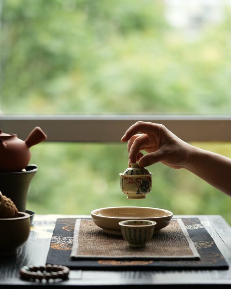 Hand-painted Qinghua Underglaze Red Porcelain Jie Zi Shu Calligraphy Bamboo and Rock 65ml Gaiwan Set