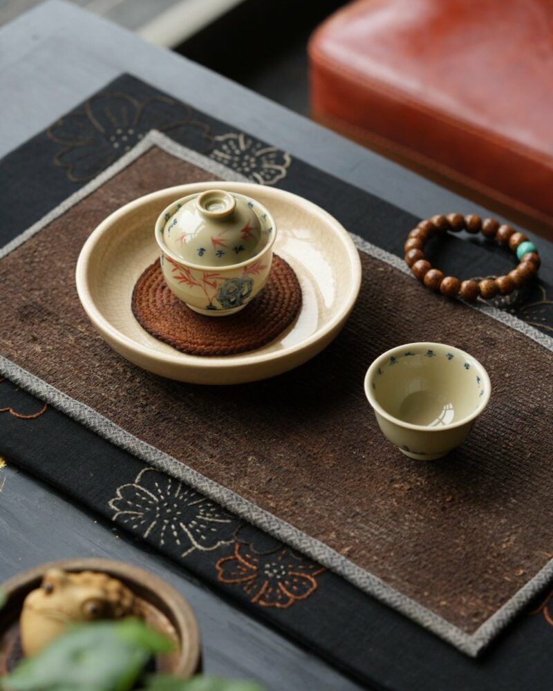 Hand-painted Qinghua Underglaze Red Porcelain Jie Zi Shu Calligraphy Bamboo and Rock 65ml Gaiwan Set