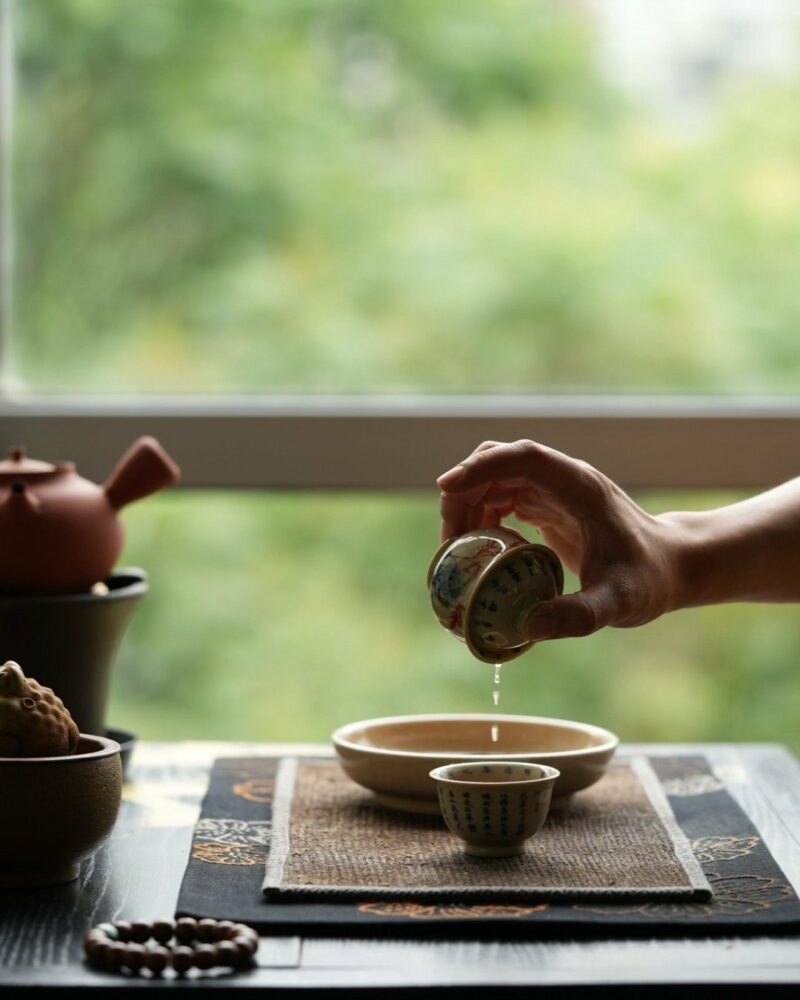 Hand-painted Qinghua Underglaze Red Porcelain Jie Zi Shu Calligraphy Bamboo and Rock 65ml Gaiwan Set
