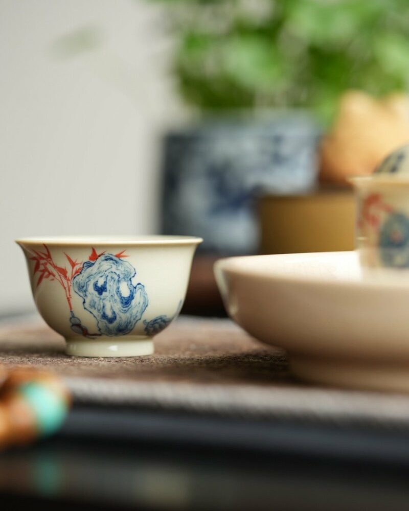 Hand-painted Qinghua Underglaze Red Porcelain Jie Zi Shu Calligraphy Bamboo and Rock 65ml Gaiwan Set