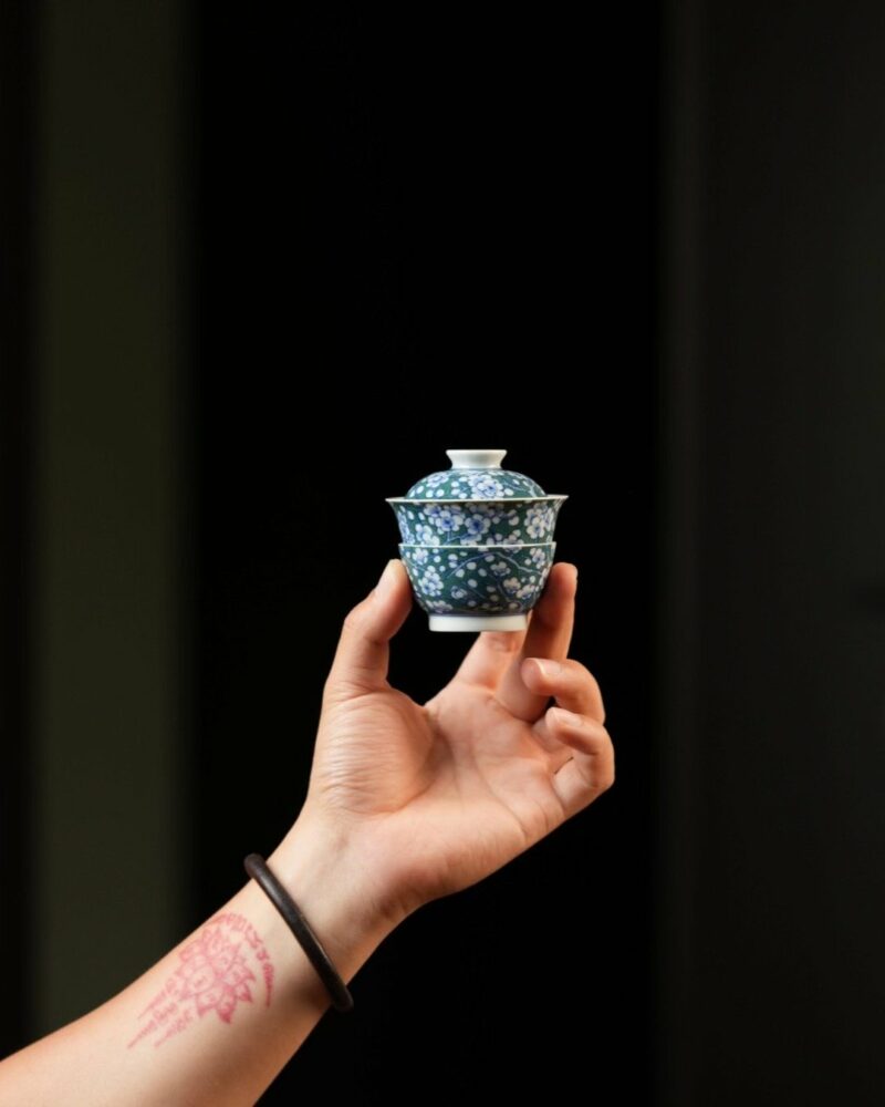 Handmade Qinghua Porcelain plum blossom on green ground 65cc Gaiwan Set Set Pre Order Ship In 20 Days