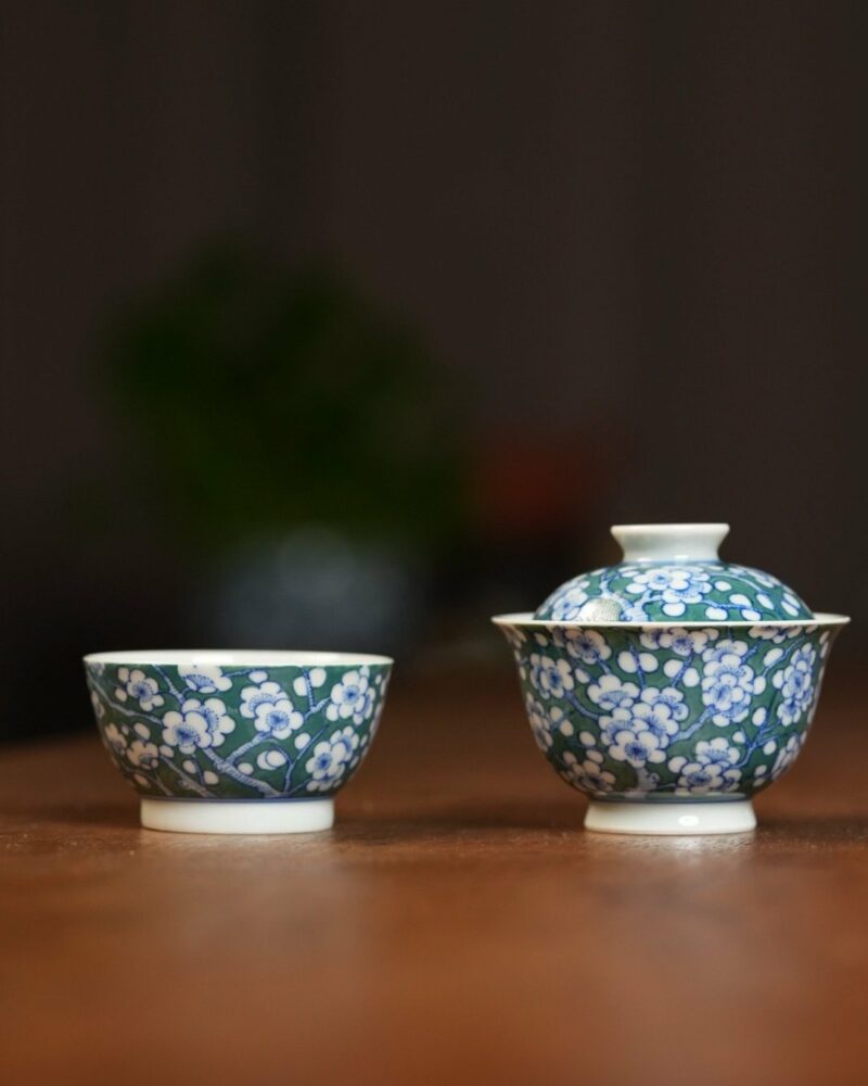 Handmade Qinghua Porcelain plum blossom on green ground 65cc Gaiwan Set Set Pre Order Ship In 20 Days