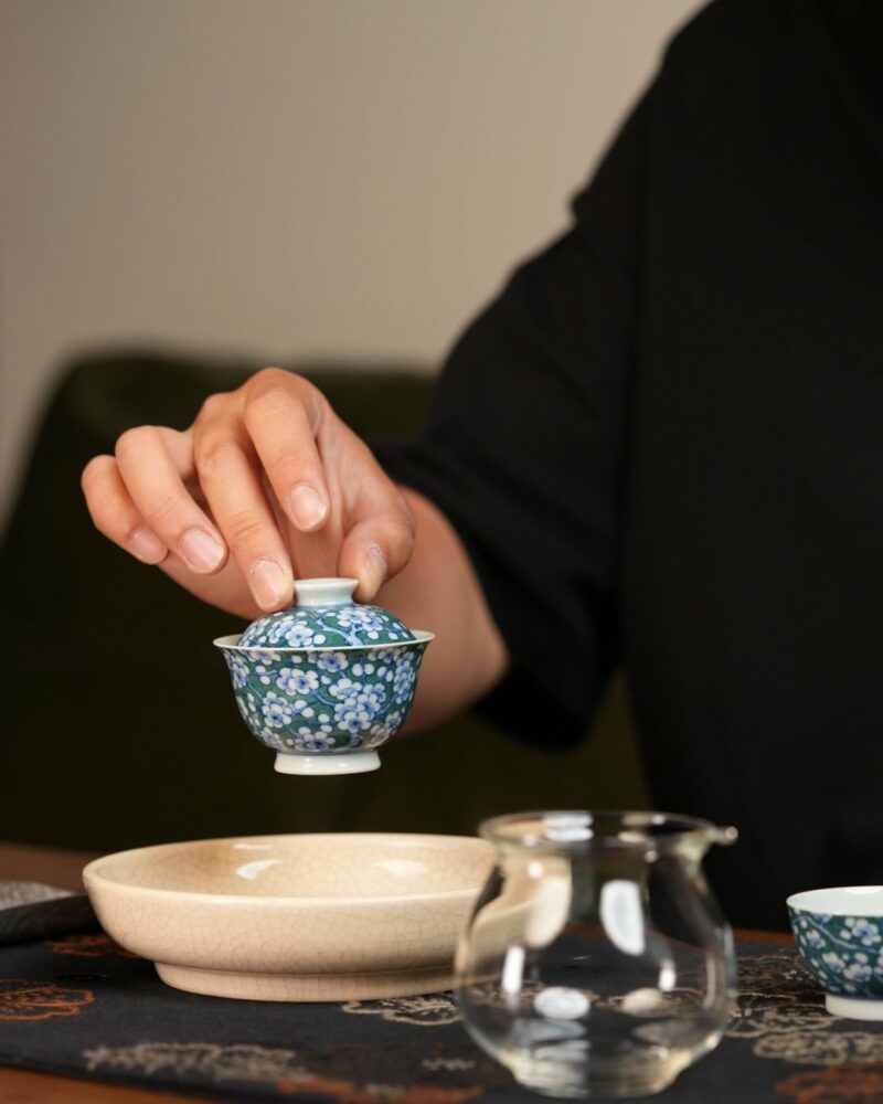 Handmade Qinghua Porcelain plum blossom on green ground 65cc Gaiwan Set Set Pre Order Ship In 20 Days