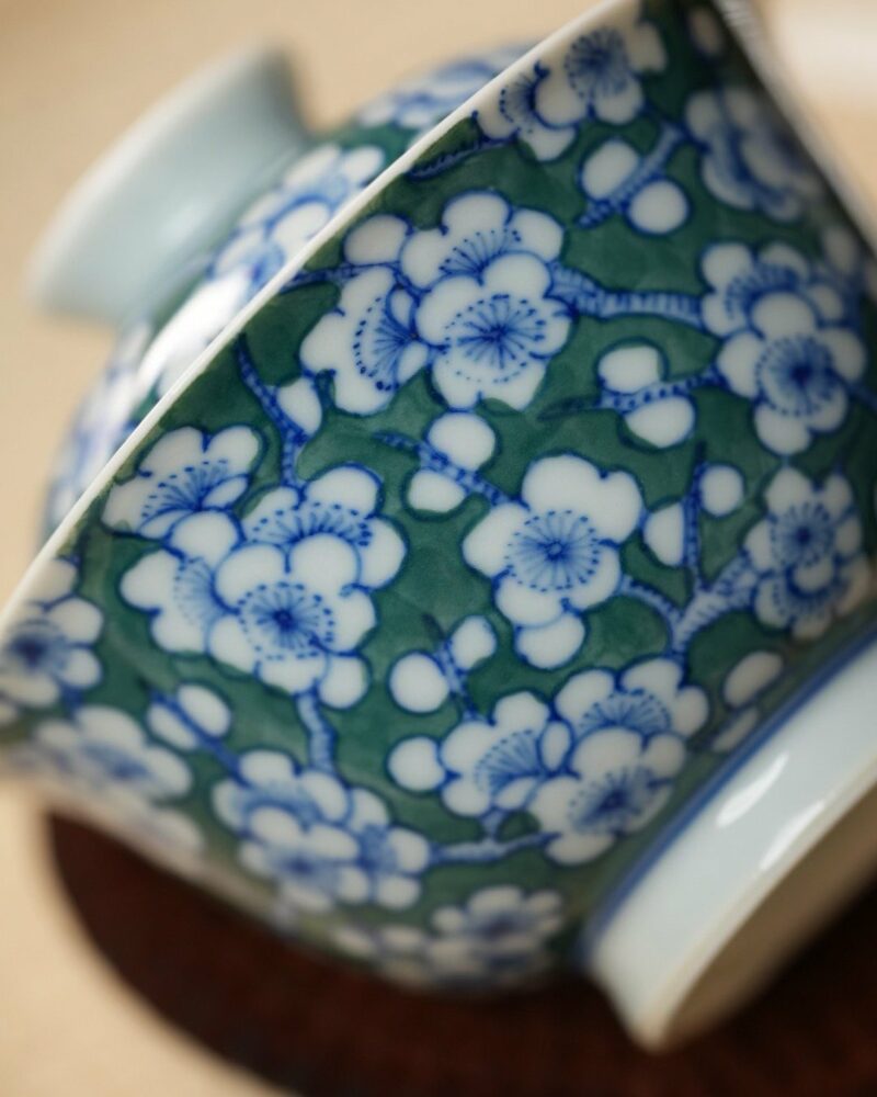 Handmade Qinghua Porcelain plum blossom on green ground 65cc Gaiwan Set Set Pre Order Ship In 20 Days