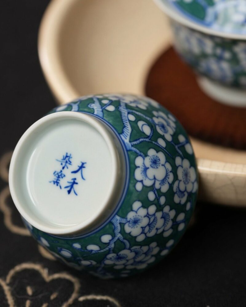Handmade Qinghua Porcelain plum blossom on green ground 65cc Gaiwan Set Set Pre Order Ship In 20 Days