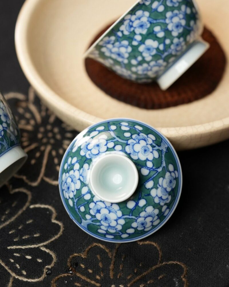 Handmade Qinghua Porcelain plum blossom on green ground 65cc Gaiwan Set Set Pre Order Ship In 20 Days