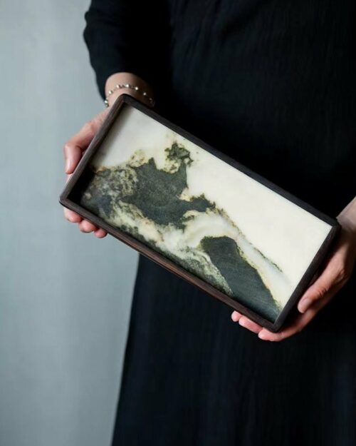 Handmade Traditional Wood Marble Ink-style Natural Landscape Pattern Tea Tray
