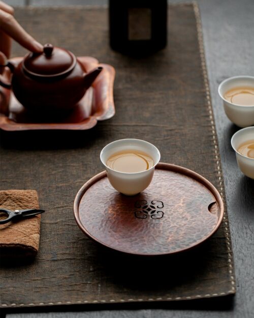 Vintage Style Brass Round Auspicious Cloud Water Storage Tea Tray