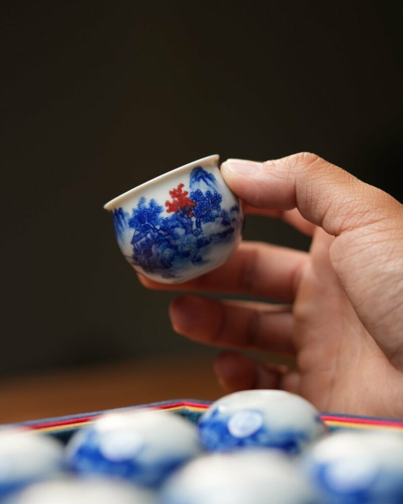 Hand-painted Qinghua Underglaze Red Porcelain landscape egg-shaped 45ml Tea Cup