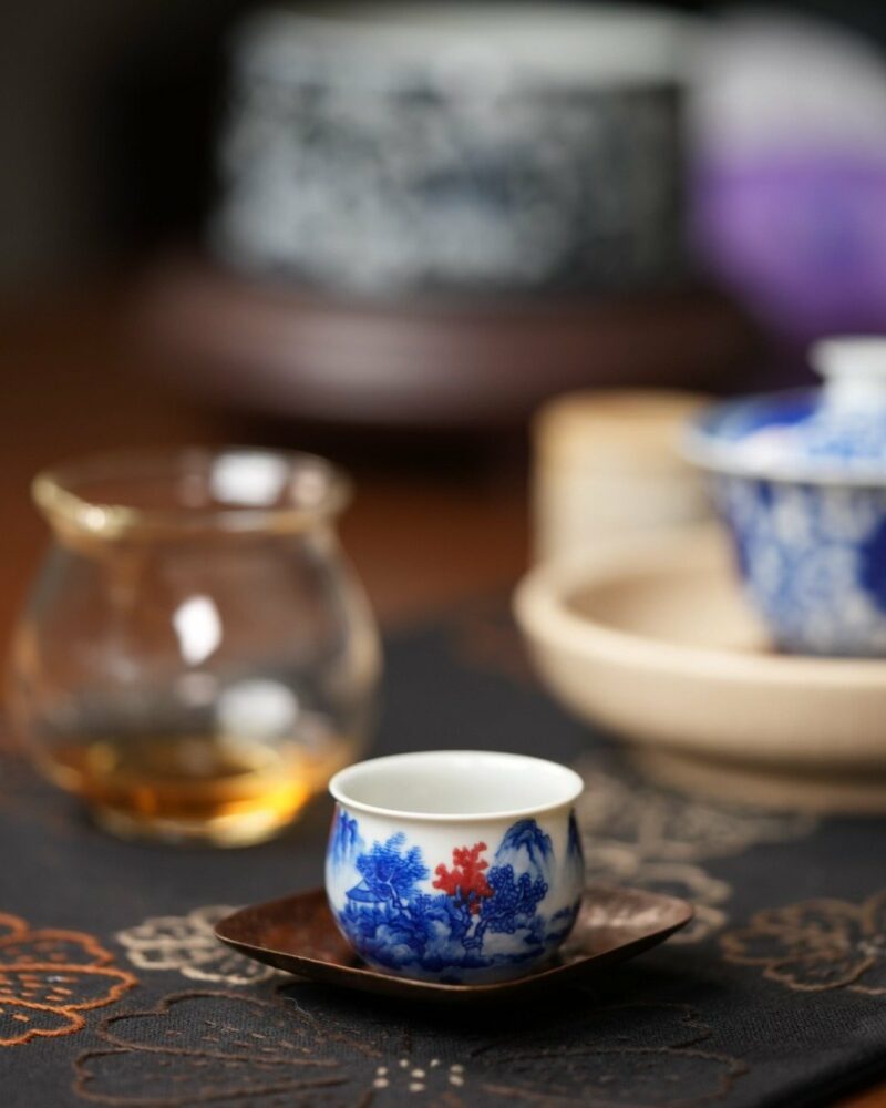 Hand-painted Qinghua Underglaze Red Porcelain landscape egg-shaped 45ml Tea Cup