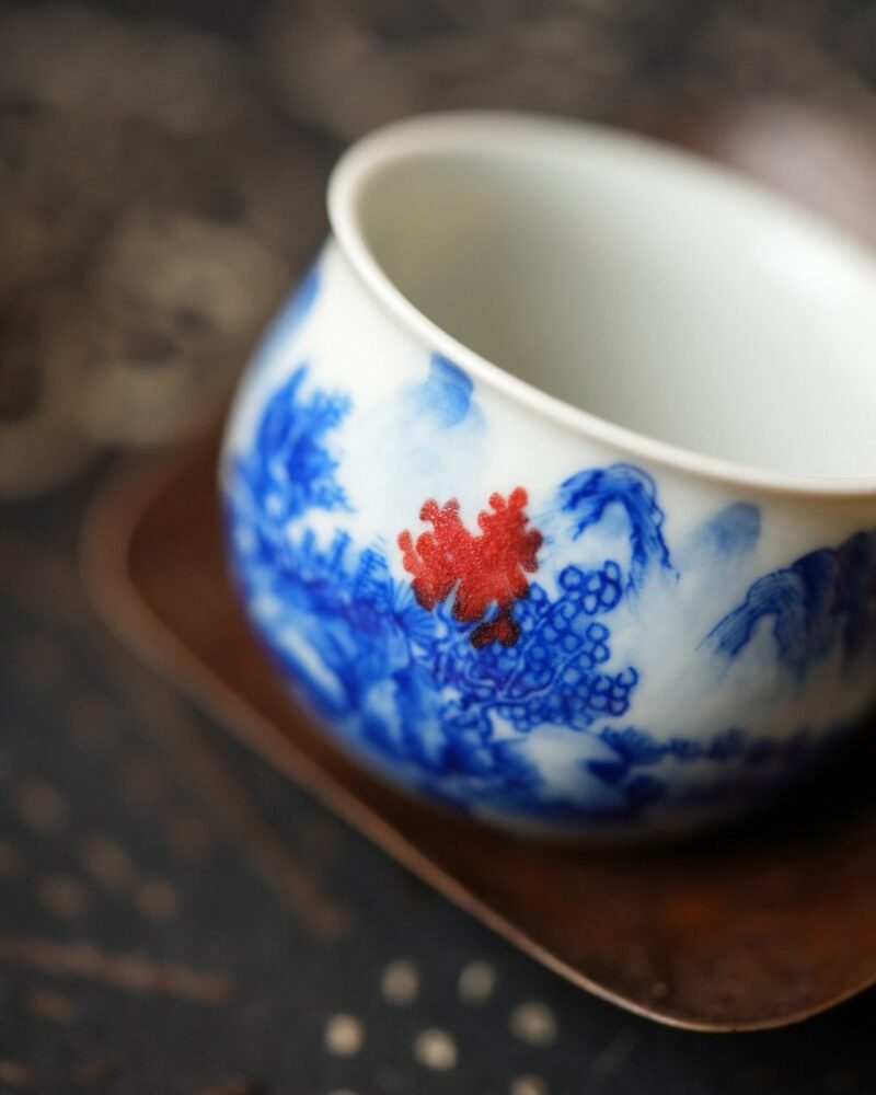 Hand-painted Qinghua Underglaze Red Porcelain landscape egg-shaped 45ml Tea Cup