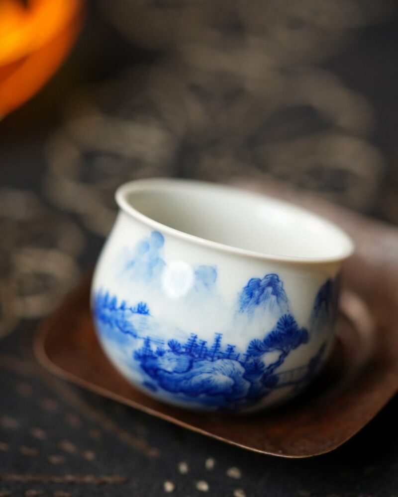 Hand-painted Qinghua Underglaze Red Porcelain landscape egg-shaped 45ml Tea Cup