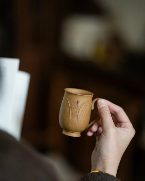 Handmade Carved Duanni Lotus Relief 100ml Tea Cup With Handle