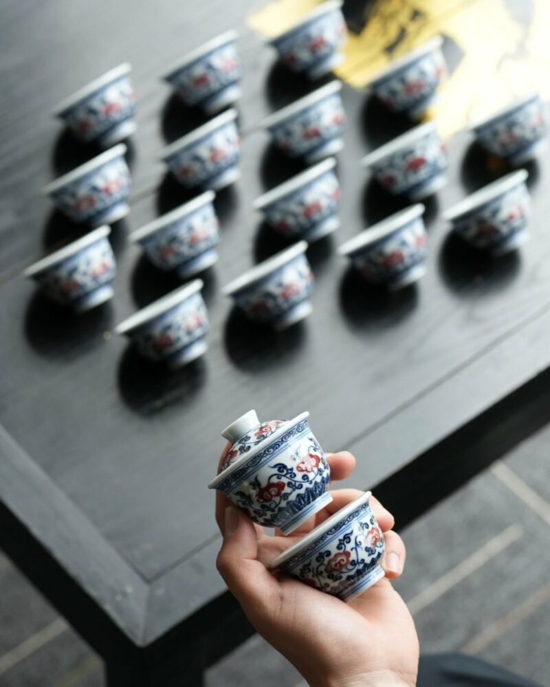 Handmade Qinghua Underglaze Red Porcelain Lingzhi 50ml Gaiwan Set
