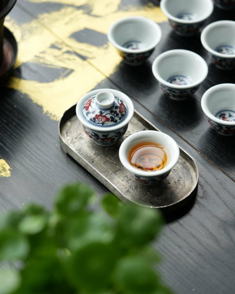 Handmade Qinghua Underglaze Red Porcelain Lingzhi 50ml Gaiwan Set