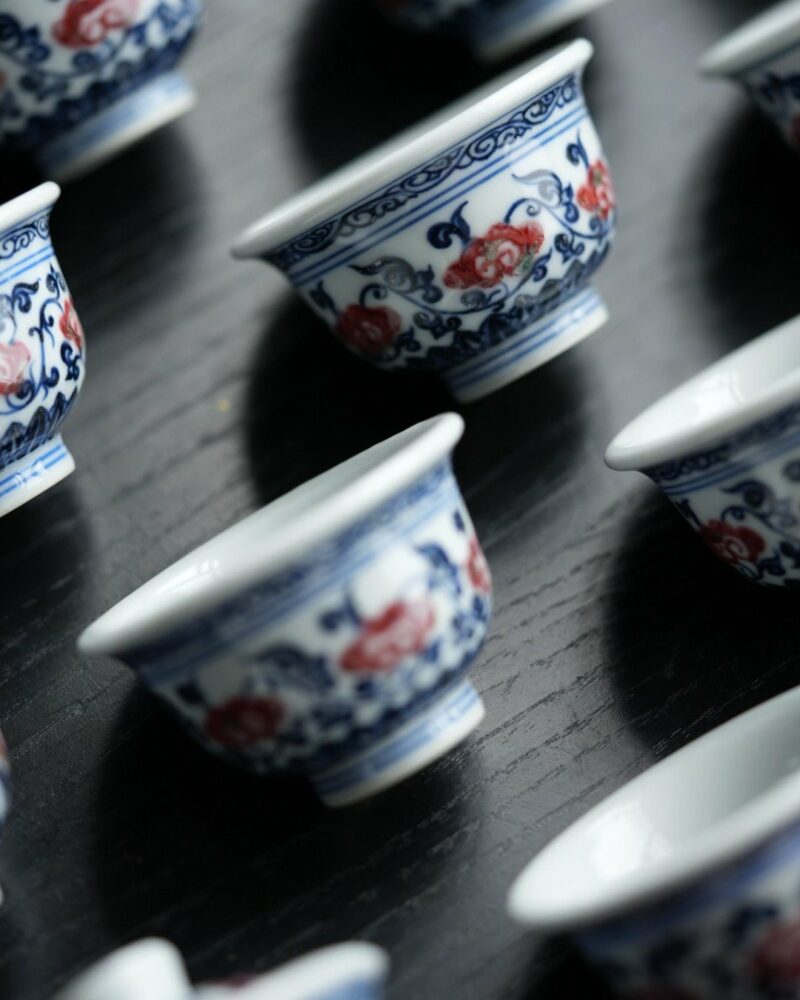 Handmade Qinghua Underglaze Red Porcelain Lingzhi 50ml Gaiwan Set