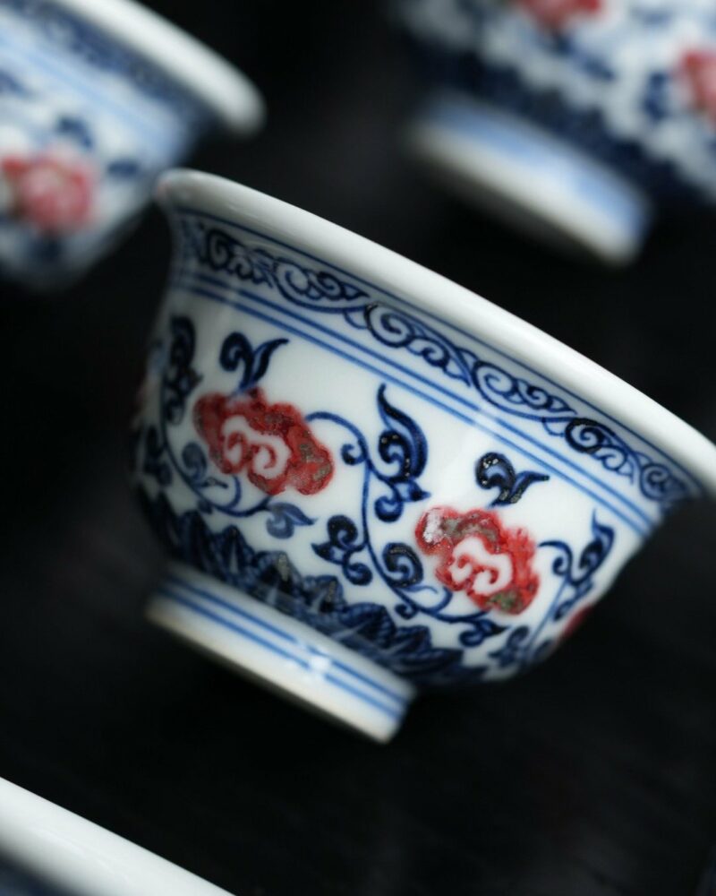 Handmade Qinghua Underglaze Red Porcelain Lingzhi 50ml Gaiwan Set