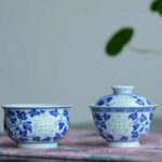 Hand-painted Qinghua Ceramic Translucent Rice Grain Intertwined Lotus 70ml Gaiwan Set