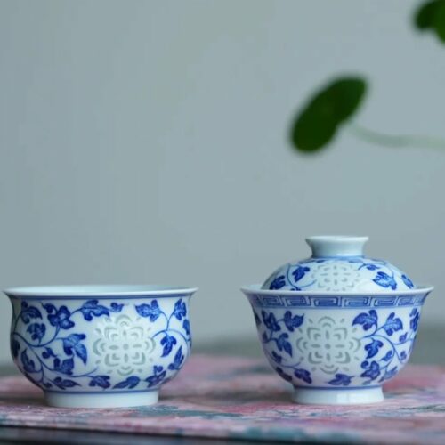 Hand-painted Qinghua Ceramic Translucent Rice Grain Intertwined Lotus 70ml Gaiwan Set
