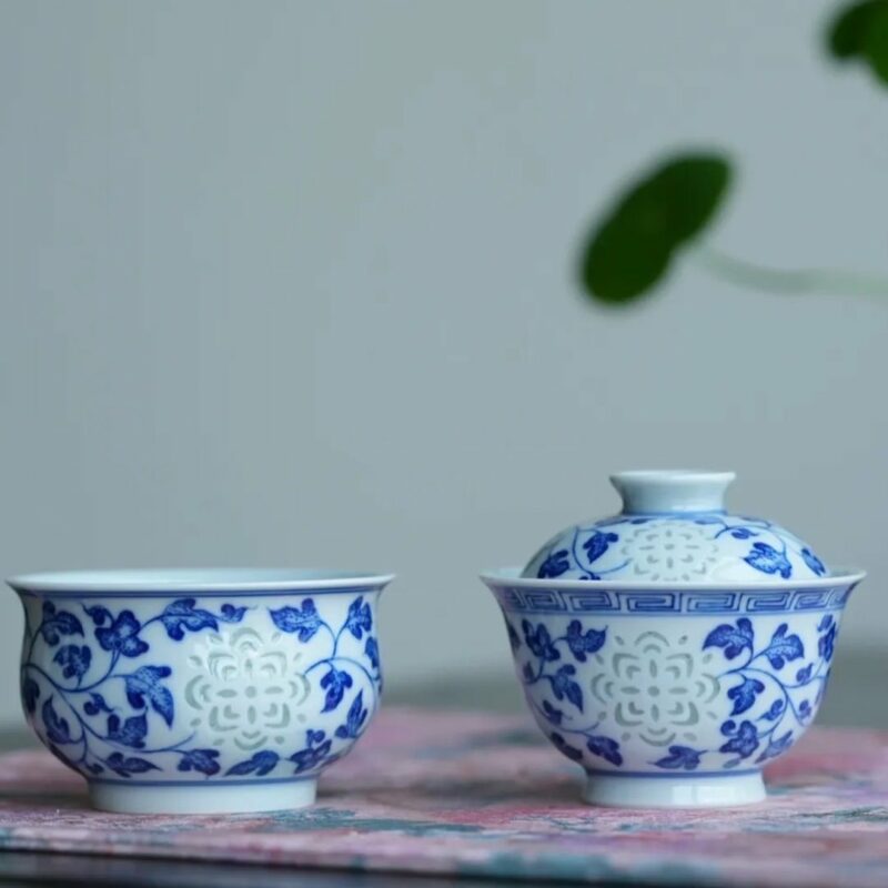 Hand-painted Qinghua Ceramic Translucent Rice Grain Intertwined Lotus 70ml Gaiwan Set