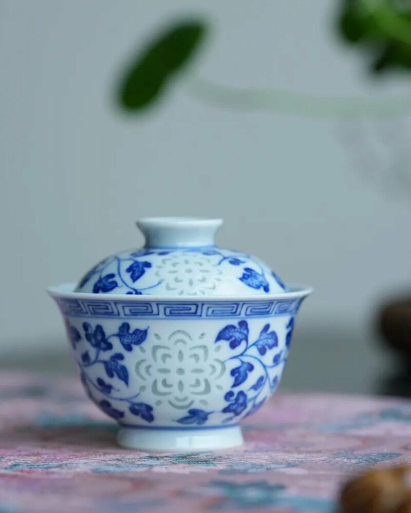 Hand-painted Qinghua Ceramic Translucent Rice Grain Intertwined Lotus 70ml Gaiwan Set