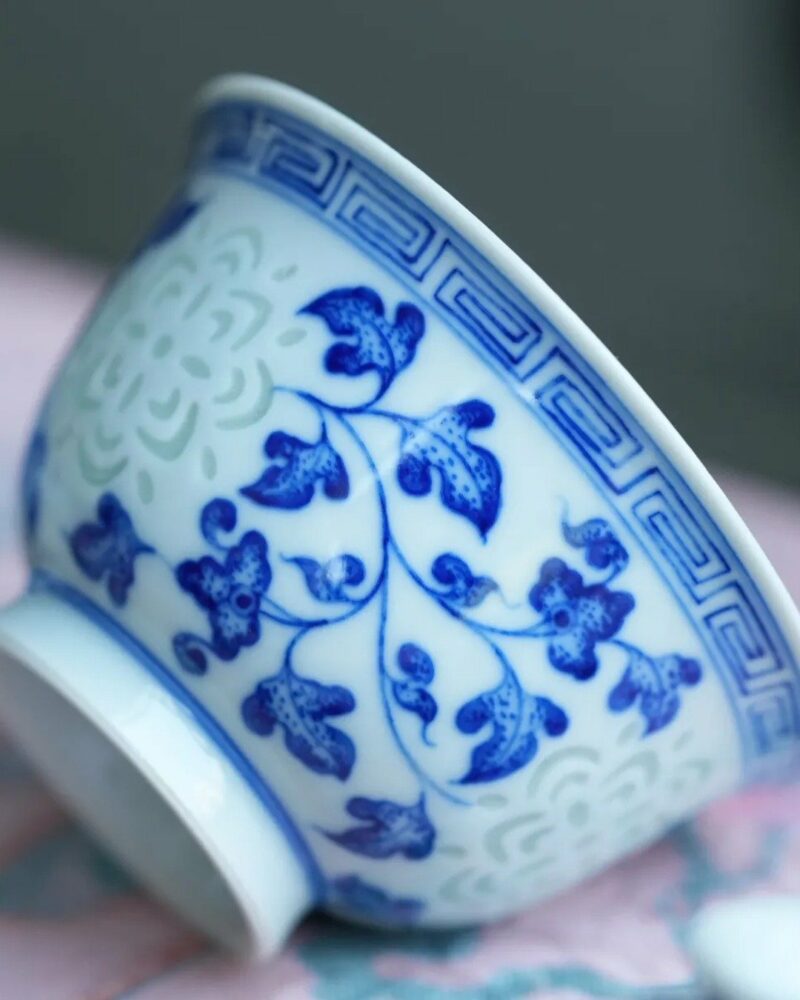 Hand-painted Qinghua Ceramic Translucent Rice Grain Intertwined Lotus 70ml Gaiwan Set
