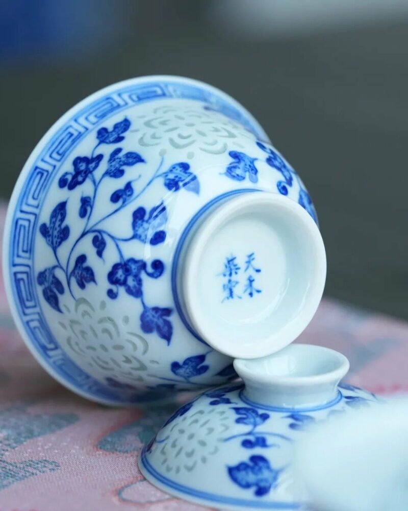 Hand-painted Qinghua Ceramic Translucent Rice Grain Intertwined Lotus 70ml Gaiwan Set