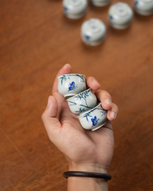 Hand-painted Qinghua Porcelain Bamboo and Butterfly 25ml Tea Cup