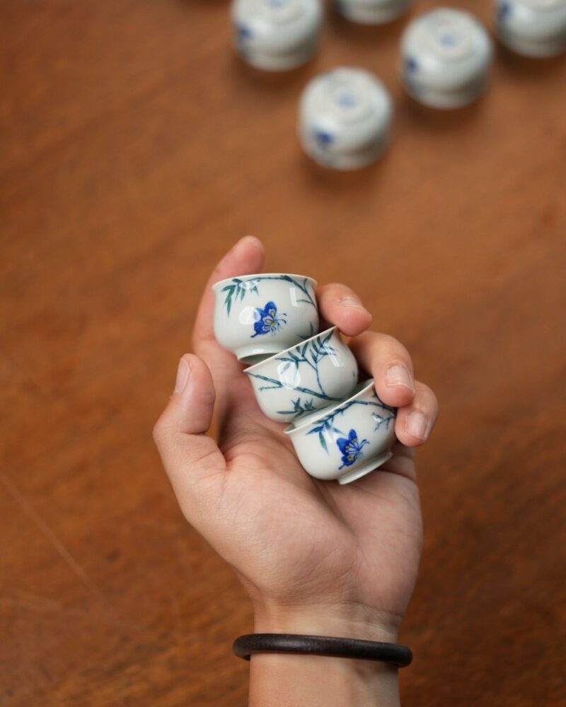 Hand-painted Qinghua Porcelain Bamboo and Butterfly 25ml Tea Cup