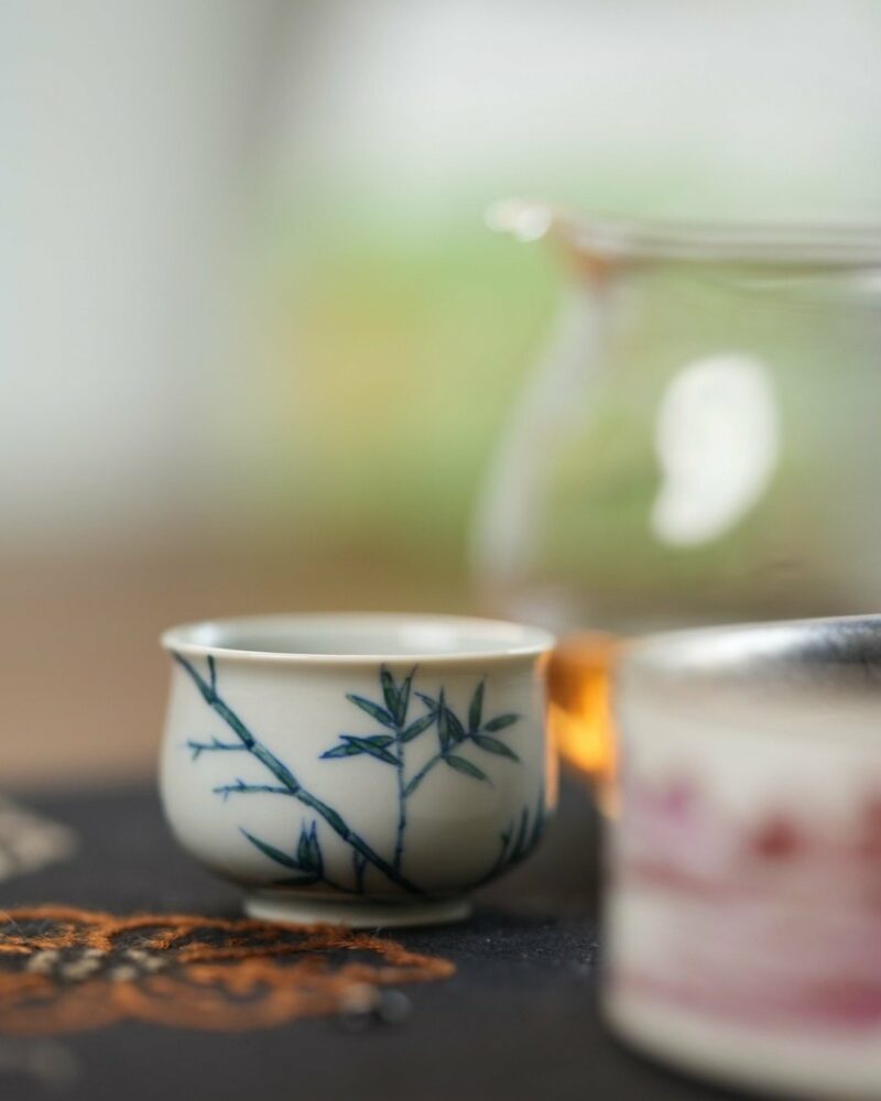 Hand-painted Qinghua Porcelain Bamboo and Butterfly 25ml Tea Cup