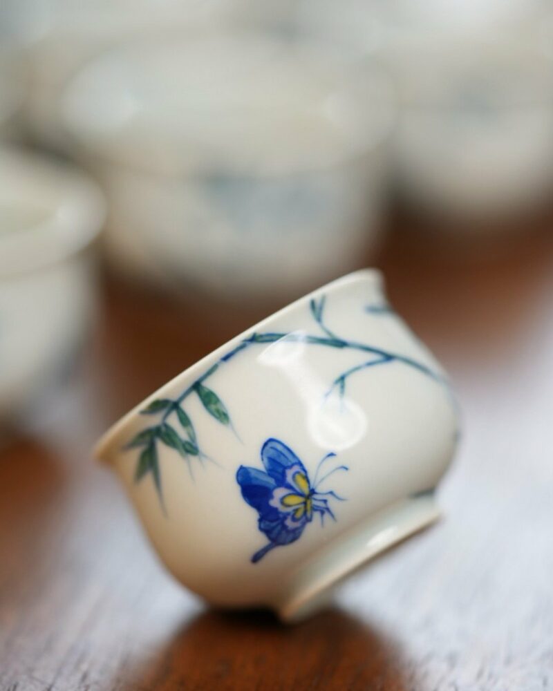 Hand-painted Qinghua Porcelain Bamboo and Butterfly 25ml Tea Cup