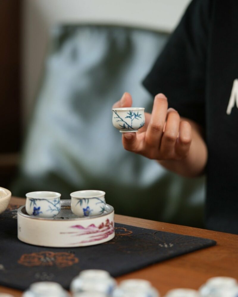 Hand-painted Qinghua Porcelain Bamboo and Butterfly 25ml Tea Cup