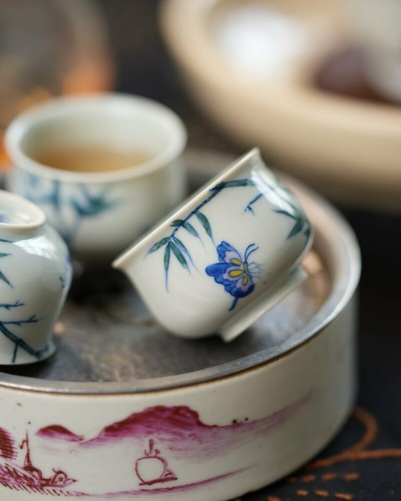 Hand-painted Qinghua Porcelain Bamboo and Butterfly 25ml Tea Cup