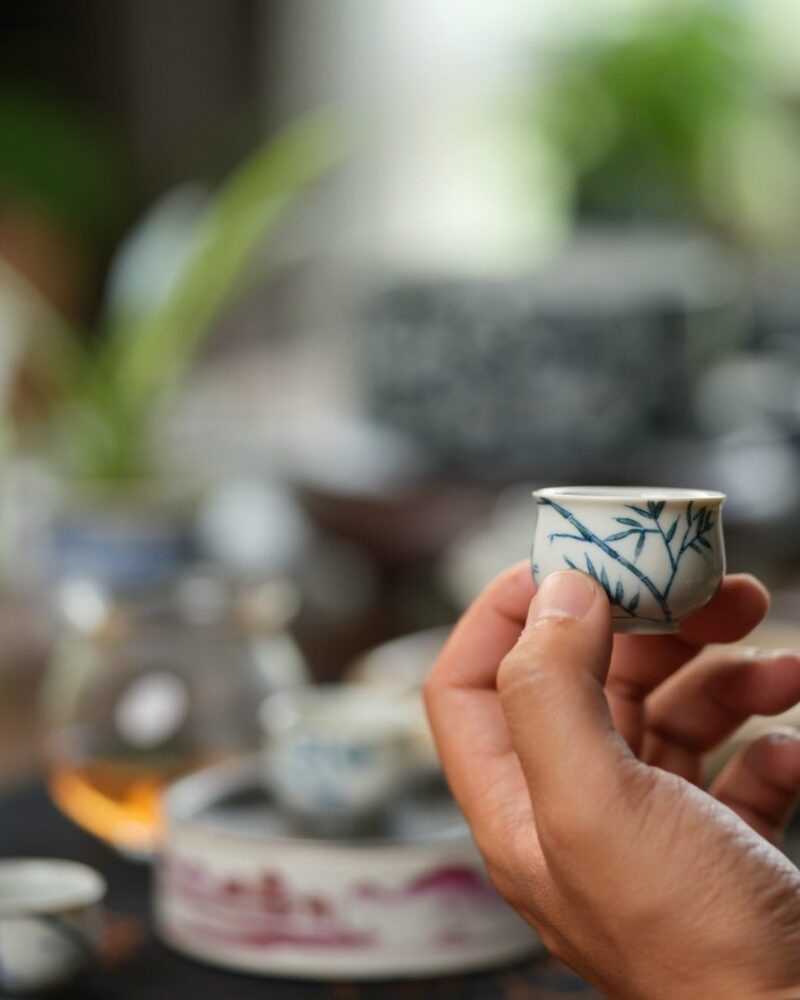 Hand-painted Qinghua Porcelain Bamboo and Butterfly 25ml Tea Cup