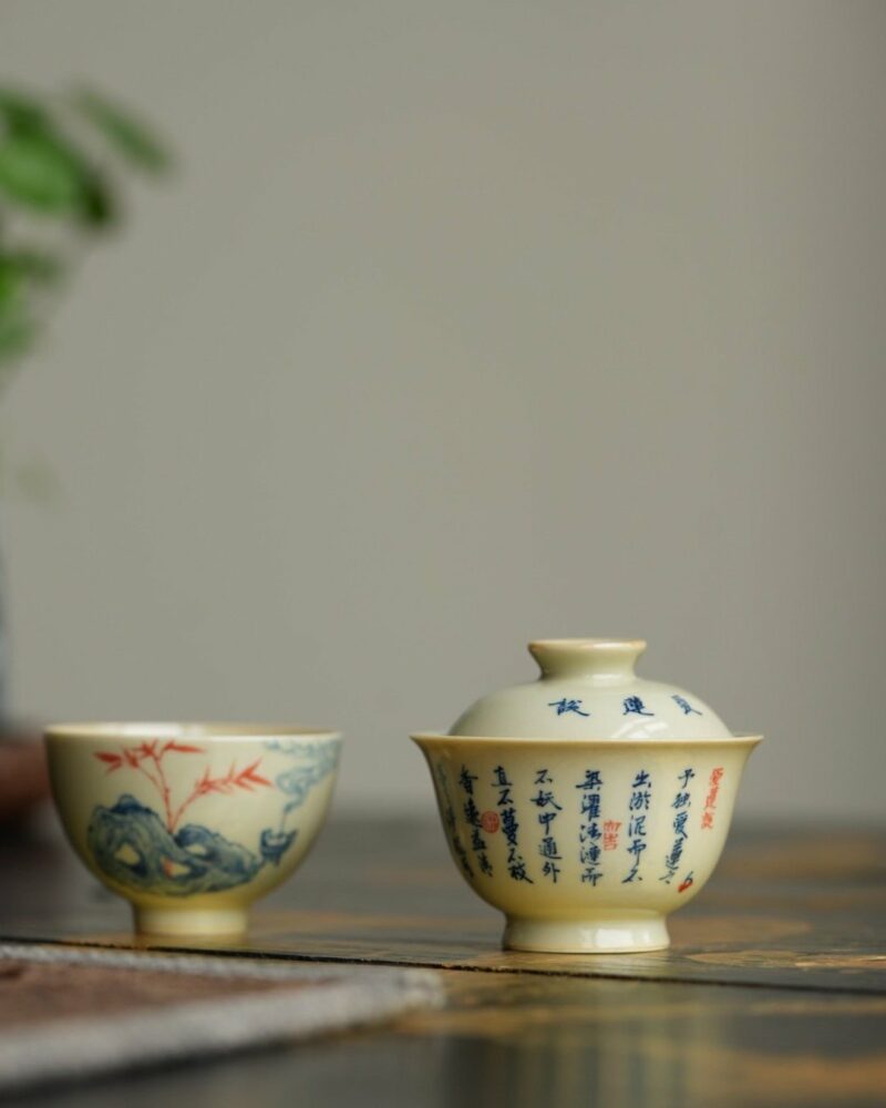Hand-painted-Qinghua-Porcelain-Love-Lotus-Calligraphy-65ml-Gaiwan-Set2 Hand-painted Qinghua Porcelain Love Lotus Calligraphy 65ml Gaiwan Set