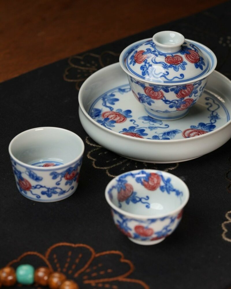Hand-painted-Underglaze-Red-Ceramic-Blue-and-White-Pumpkin-Vines-75ml-Gaiwan-Set5 Hand-painted Underglaze Red Ceramic Blue and White Pumpkin Vines 75ml Gaiwan Set