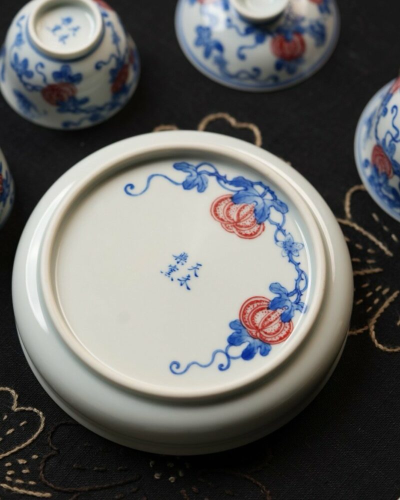 Hand-painted-Underglaze-Red-Ceramic-Blue-and-White-Pumpkin-Vines-75ml-Gaiwan-Set9 Hand-painted Underglaze Red Ceramic Blue and White Pumpkin Vines 75ml Gaiwan Set
