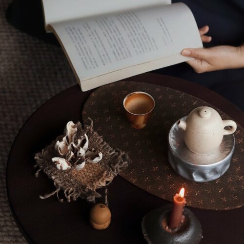 Handmade Chinese Style Vintage Style Xiangyunsha Silk Dark Brown Cross-Stitch Pattern Tea Mat
