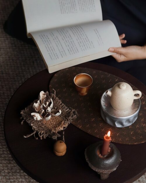 Handmade Chinese Style Vintage Style Xiangyunsha Silk Dark Brown Cross-Stitch Pattern Tea Mat