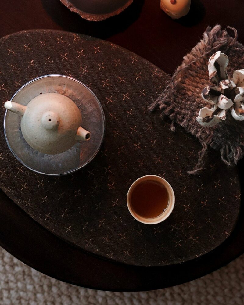 Handmade-Chinese-Style-Vintage-Style-Xiangyunsha-Silk-Dark-Brown-Cross-Stitch-Pattern-Tea-Mat4 Handmade Chinese Style Vintage Style Xiangyunsha Silk Dark Brown Cross-Stitch Pattern Tea Mat
