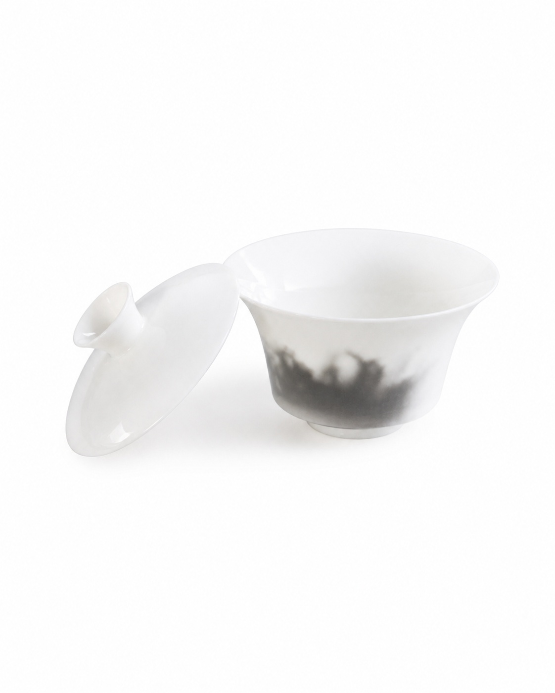 Extra-thin 100ml Dehua porcelain gaiwan showing a flared rim and compact profile