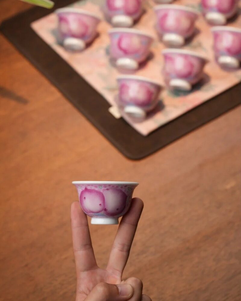 Hand-painted Chinese Style Porcelain Ruby-Red Famille Rose Longevity Peaches 50cc Host Cup