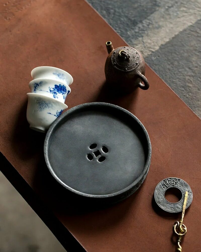 Handmade Chinese Style Tin Copper Key-Fret and Interlaced-Vine Motifs Tea Boat