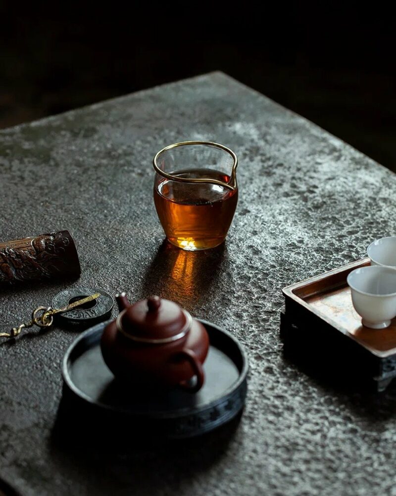 Handmade Chinese Style Tin Copper Key-Fret and Interlaced-Vine Motifs Tea Boat