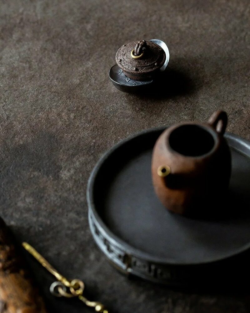 Handmade Chinese Style Tin Copper Key-Fret and Interlaced-Vine Motifs Tea Boat