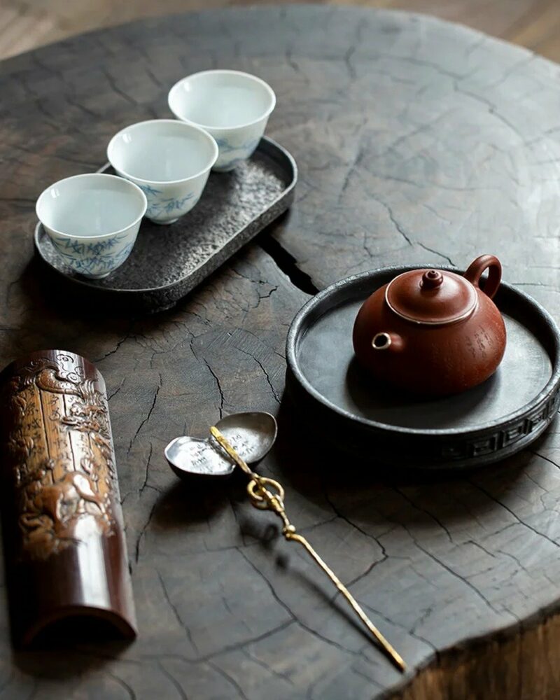Handmade Chinese Style Tin Copper Key-Fret and Interlaced-Vine Motifs Tea Boat