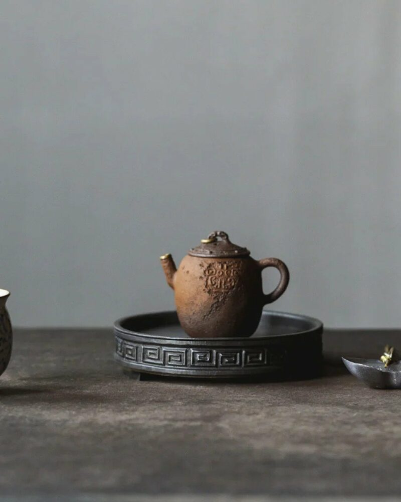 Handmade Chinese Style Tin Copper Key-Fret and Interlaced-Vine Motifs Tea Boat