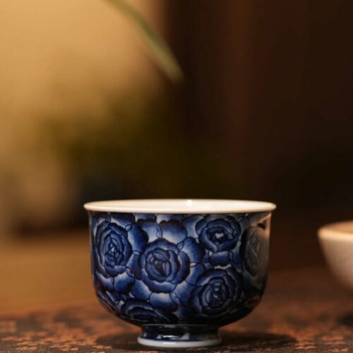 Handmade-Hand-painted-Chinese-Style-Porcelain-Blue-and-White-Rose-80cc-Host-Cup1 Handmade Hand-painted Chinese Style Porcelain Blue and White Rose 80cc Host Cup
