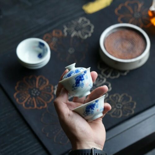 Handmade Hand-painted Qinghua Porcelain Blue and White Mandarin Fish Gaiwan Set