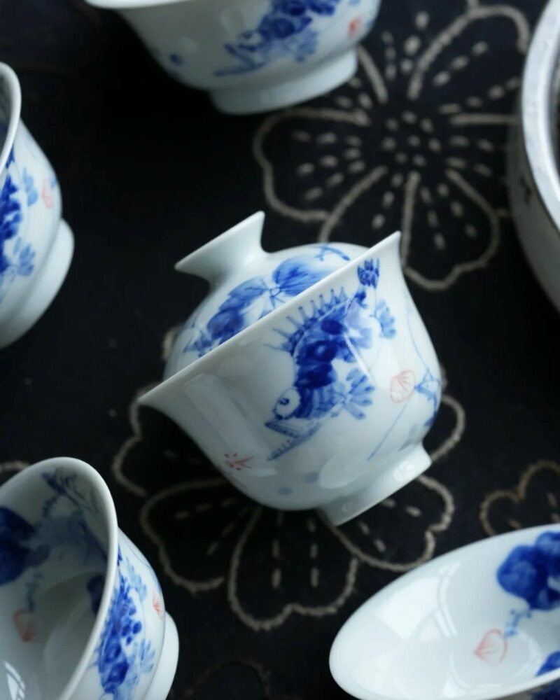 Handmade Hand-painted Qinghua Porcelain Blue and White Mandarin Fish Gaiwan Set